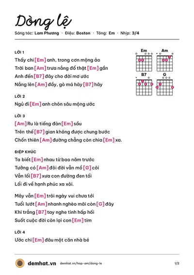 Hợp âm Dòng lệ (Lam Phương) – bản nhạc PDF trang 1, tông Em