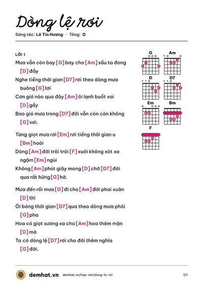 Hợp âm Dòng lệ rơi (Thanh Hà) – bản nhạc PDF trang 1, tông G
