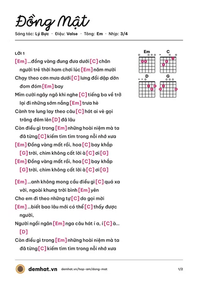 Hợp âm Đồng Mật (Lý Bực) – bản nhạc PDF trang 1, tông Em