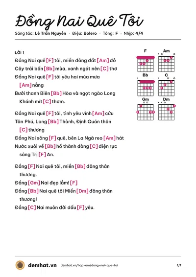 Hợp âm Đồng Nai Quê Tôi (Mây Trắng) – bản nhạc PDF trang 1, tông F
