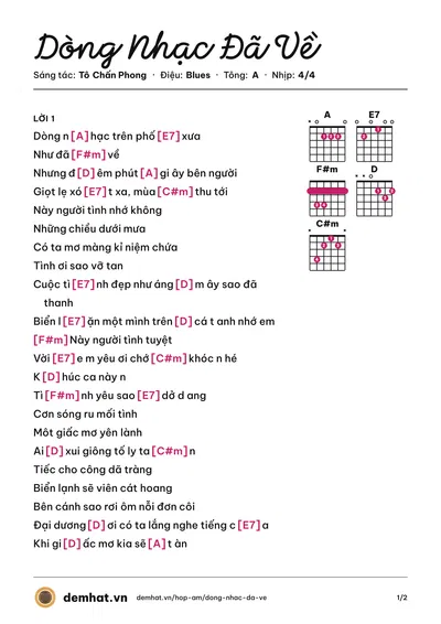 Hợp âm Dòng Nhạc Đã Về (Tô Chấn Phong) – bản nhạc PDF trang 1, tông A