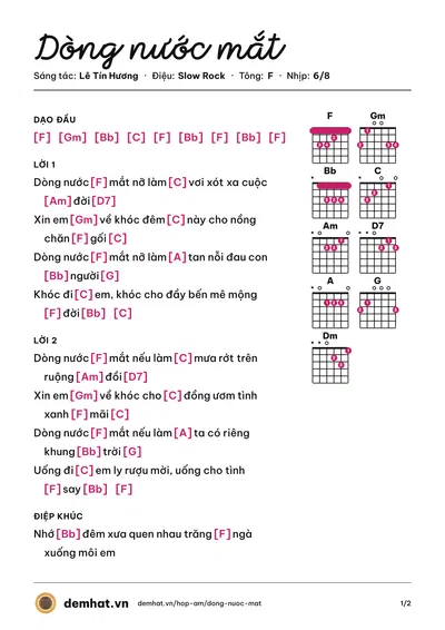 Hợp âm Dòng nước mắt (Thái Châu) – bản nhạc PDF trang 1, tông F