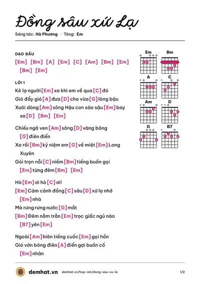 Hợp âm Đồng sâu xứ Lạ (Phi Nhung) – bản nhạc PDF trang 1, tông Em
