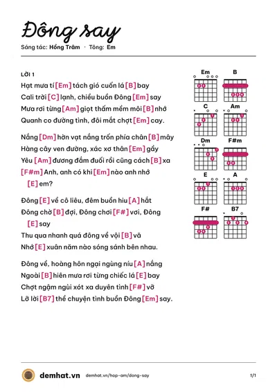 Hợp âm Đông say (Mina) – bản nhạc PDF trang 1, tông Em