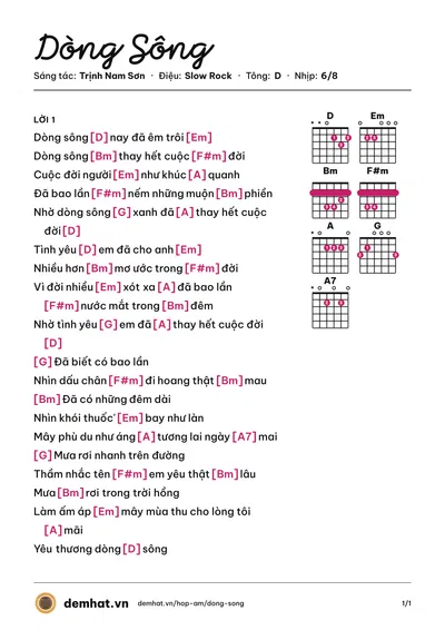 Hợp âm Dòng Sông (Ngọc Liên) – bản nhạc PDF trang 1, tông D