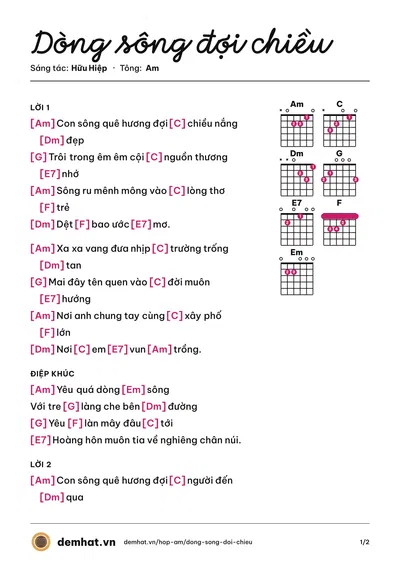 Hợp âm Dòng sông đợi chiều (Đăng Hiếu) – bản nhạc PDF trang 1, tông Am