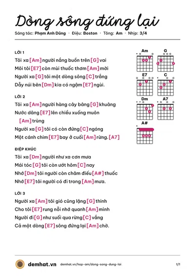 Hợp âm Dòng sông đứng lại (Phạm Anh Dũng) – bản nhạc PDF trang 1, tông Am