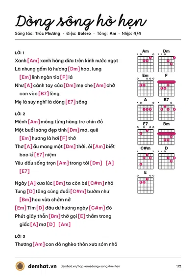 Hợp âm Dòng sông hò hẹn (Ngọc Sơn) – bản nhạc PDF trang 1, tông Am