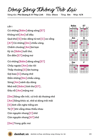 Hợp âm Dòng Sông Không Trở Lại (Cẩm Vân) – bản nhạc PDF trang 1, tông Am