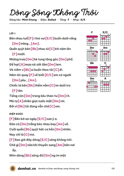 Hợp âm Dòng Sông Không Trôi (Tấn Minh) – bản nhạc PDF trang 1, tông F