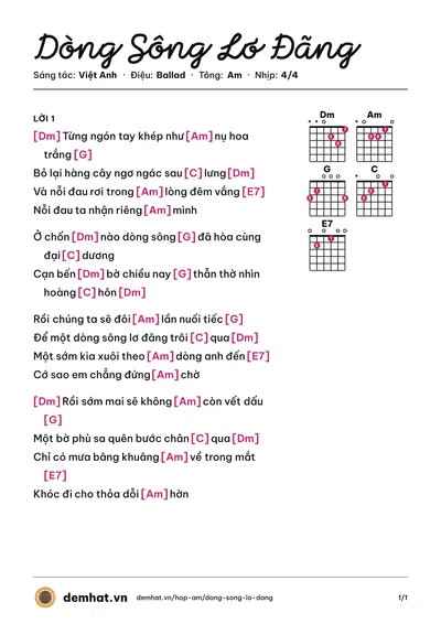 Hợp âm Dòng Sông Lơ Đãng (Tuấn Hưng) – bản nhạc PDF trang 1, tông Am
