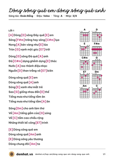 Hợp âm Dòng sông quê em dòng sông quê anh (Trung Đức) – bản nhạc PDF trang 1, tông A