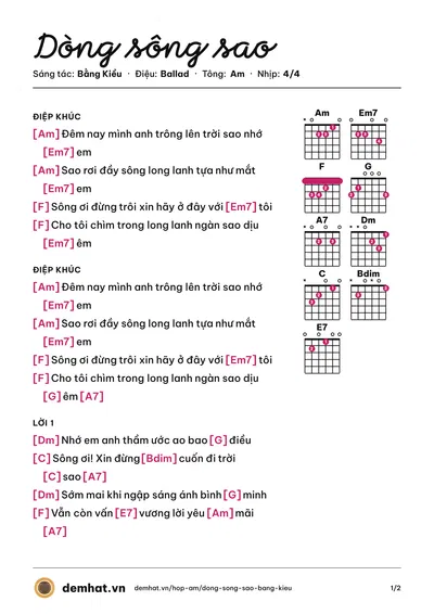 Hợp âm Dòng sông sao (Bằng Kiều) – bản nhạc PDF trang 1, tông Am