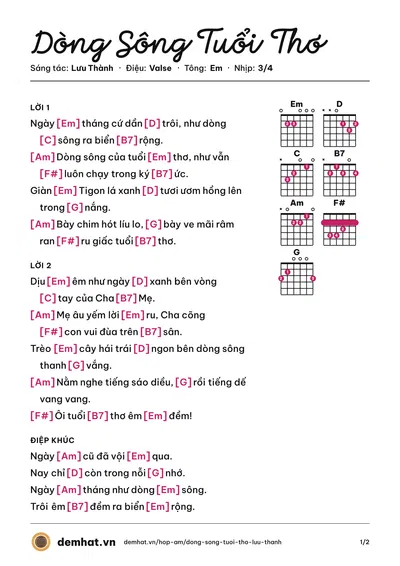Hợp âm Dòng Sông Tuổi Thơ (Lưu Thành) – bản nhạc PDF trang 1, tông Em