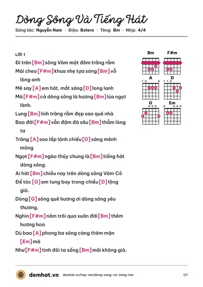 Hợp âm Dòng Sông Và Tiếng Hát (Như Quỳnh) – bản nhạc PDF trang 1, tông Bm