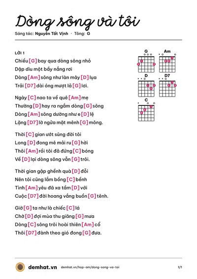 Hợp âm Dòng sông và tôi (Nguyễn Tất Vịnh) – bản nhạc PDF trang 1, tông G