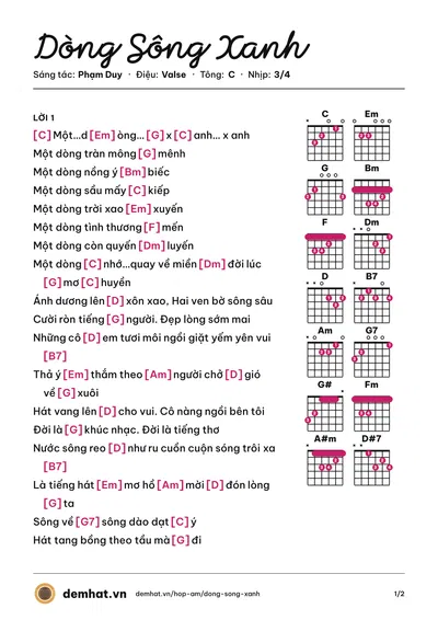 Hợp âm Dòng Sông Xanh (Ánh Tuyết) – bản nhạc PDF trang 1, tông C