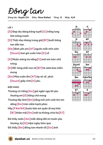 Hợp âm Đông tan (Huyền Chi) – bản nhạc PDF trang 1, tông G