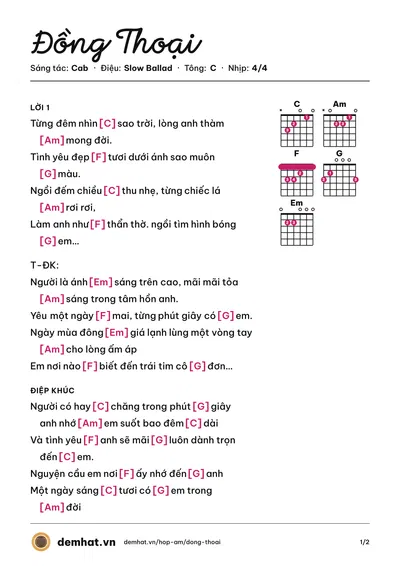 Hợp âm Đồng Thoại (Minh Vương) – bản nhạc PDF trang 1, tông C