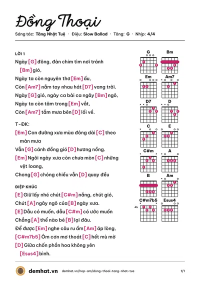 Hợp âm Đồng Thoại (Tăng Nhật Tuệ) – bản nhạc PDF trang 1, tông G