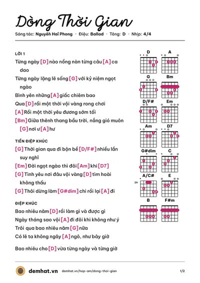 Hợp âm Dòng Thời Gian (Phan Đinh Tùng) – bản nhạc PDF trang 1, tông D