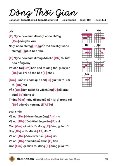 Hợp âm Dòng Thời Gian (Đoàn Phi) – bản nhạc PDF trang 1, tông Dm