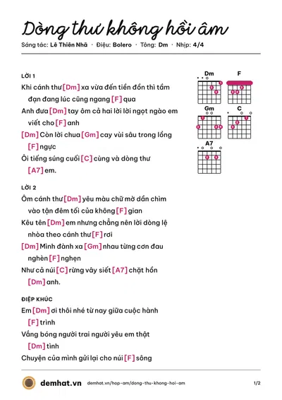 Hợp âm Dòng thư không hồi âm (Trung Nghĩa) – bản nhạc PDF trang 1, tông Dm