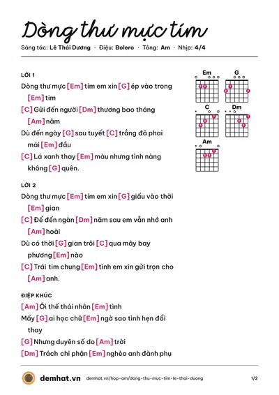 Hợp âm Dòng thư mực tím (Băng Nhi) – bản nhạc PDF trang 1, tông Am