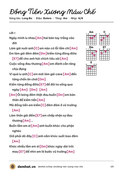 Hợp âm Đồng Tiền Xương Máu Chế (Long Bo) – bản nhạc PDF trang 1, tông Am