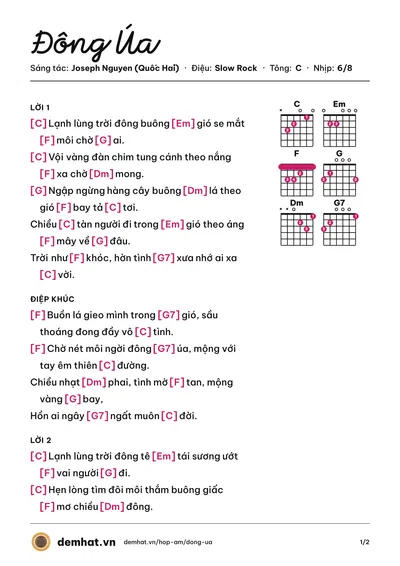 Hợp âm Đông Úa (Hoàng Nguyên) – bản nhạc PDF trang 1, tông C