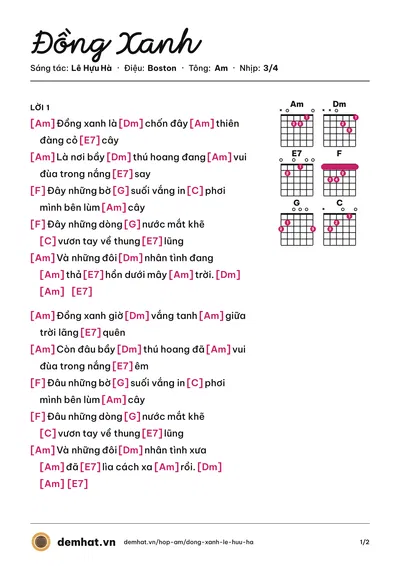 Hợp âm Đồng Xanh (Duy Quang) – bản nhạc PDF trang 1, tông Am