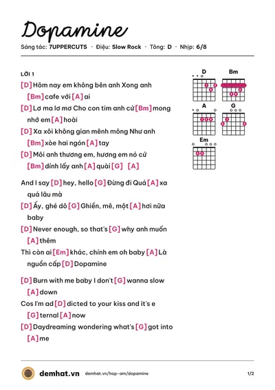 Hợp âm Dopamine (7UPPERCUTS) – bản nhạc PDF trang 1, tông D