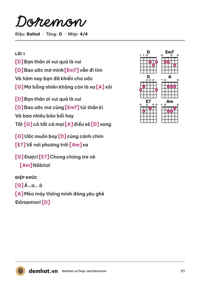 Hợp âm Doremon (Huyền Chi) – bản nhạc PDF trang 1, tông D