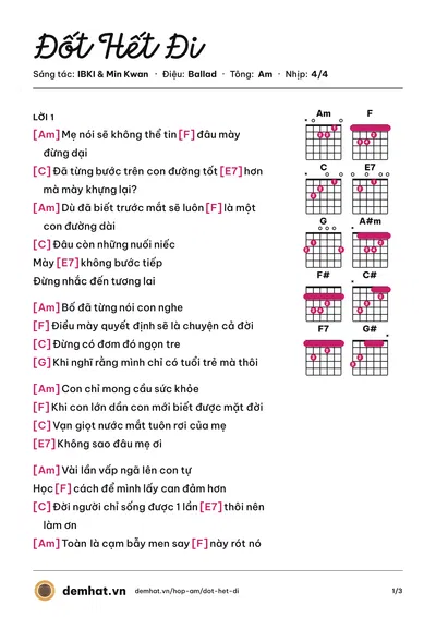 Hợp âm Đốt Hết Đi (IBKI) – bản nhạc PDF trang 1, tông Am
