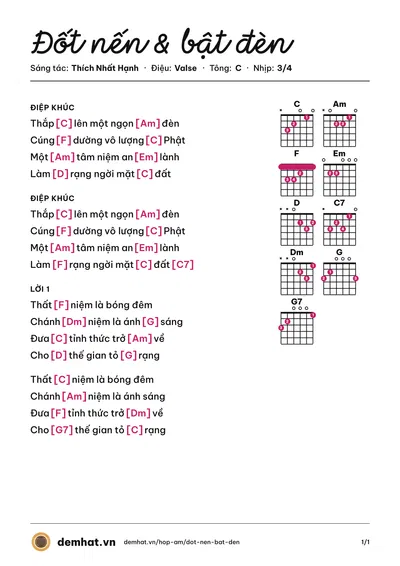 Hợp âm Đốt nến & bật đèn (Hạnh Nguyên) – bản nhạc PDF trang 1, tông C
