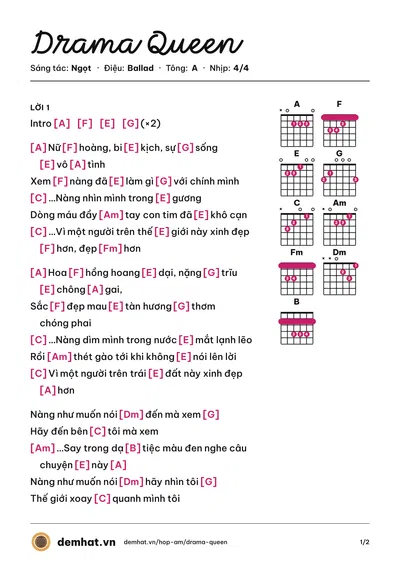 Hợp âm Drama Queen (Ngọt) – bản nhạc PDF trang 1, tông A