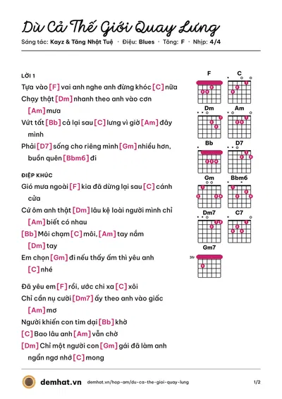 Hợp âm Dù Cả Thế Giới Quay Lưng (ZERO9) – bản nhạc PDF trang 1, tông F