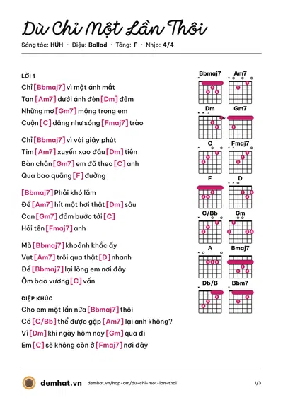 Hợp âm Dù Chỉ Một Lần Thôi (HÚH) – bản nhạc PDF trang 1, tông F