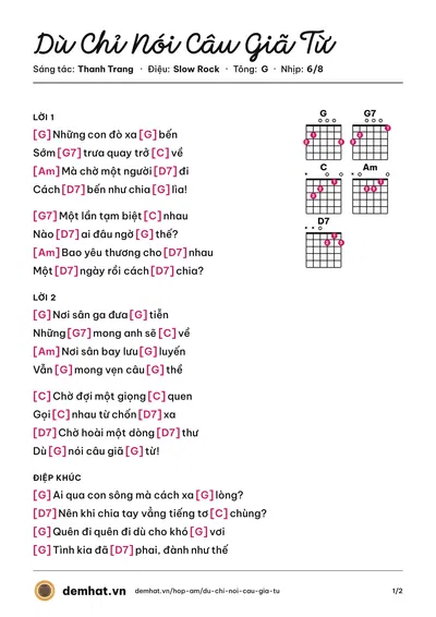 Hợp âm Dù Chỉ Nói Câu Giã Từ (Tâm Hảo) – bản nhạc PDF trang 1, tông G