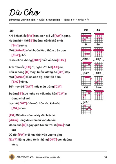 Hợp âm Dù Cho (Minh Ngọc) – bản nhạc PDF trang 1, tông F#