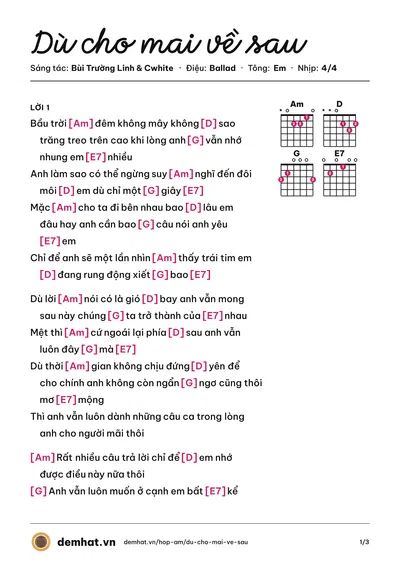 Hợp âm Dù cho mai về sau (Bùi Trường Linh) – bản nhạc PDF trang 1, tông Em