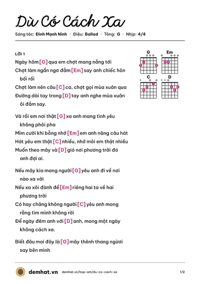 Hợp âm Dù Có Cách Xa (Đinh Mạnh Ninh) – bản nhạc PDF trang 1, tông G