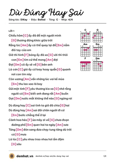 Hợp âm Dù Đúng Hay Sai (DiKay) – bản nhạc PDF trang 1, tông C