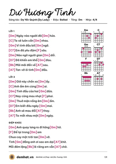Hợp âm Dư Hương Tình (Dạ Yến Quỳnh (Dy Lady)) – bản nhạc PDF trang 1, tông Dm