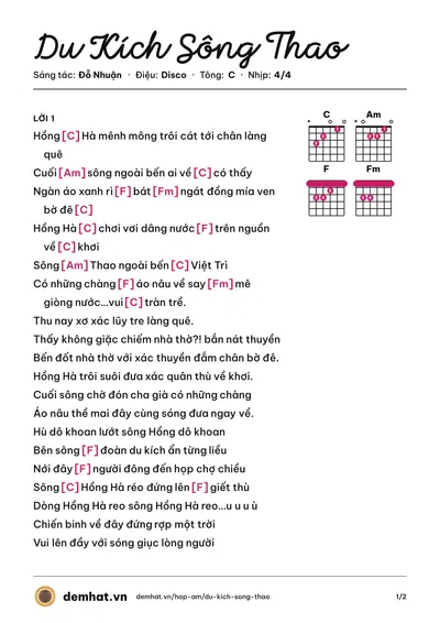 Hợp âm Du Kích Sông Thao (Đỗ Nhuận) – bản nhạc PDF trang 1, tông C