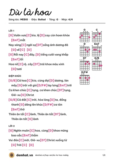 Hợp âm Dù là hoa (NCM2 CHOIR) – bản nhạc PDF trang 1, tông G