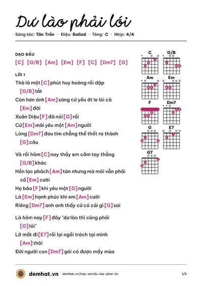 Hợp âm Dư lào phải lói (Tân Trần) – bản nhạc PDF trang 1, tông C