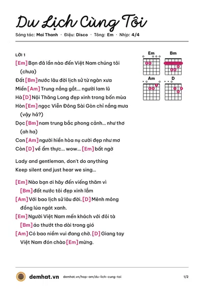 Hợp âm Du Lịch Cùng Tôi (The Bells) – bản nhạc PDF trang 1, tông Em