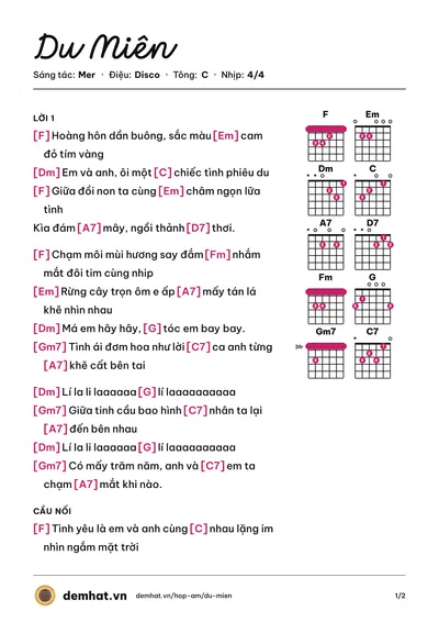 Hợp âm Du Miên (Mer) – bản nhạc PDF trang 1, tông C