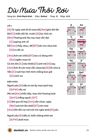 Hợp âm Dù Mưa Thôi Rơi (Thùy Chi) – bản nhạc PDF trang 1, tông G